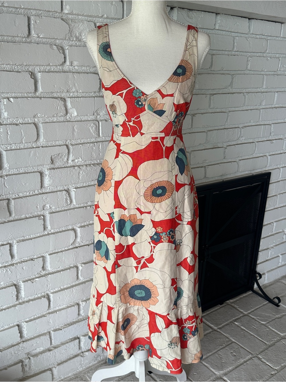 Vintage Nanette Lepore Silk Linen Bold Floral Midi Dress Retro 70s - Size 6
